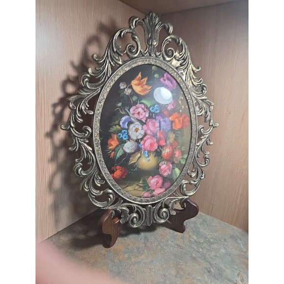 Antique Vintage Wrought Iron Victorian oval Picture Frame bubble glass floral - Picture 5 of 11